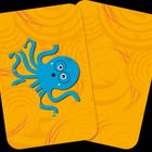 Ein blaues Oktopus-Logo auf einem gelben Hintergrund mit orangen Kreisen und Streifen.