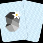 Illustration: Zwei Karten mit blauem Wellenmuster, eine zeigt einen grauen Felsen mit weißer Blume.