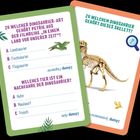 Quizkarten mit Fragen zu Dinosauriern. Links: "Landsaurier, Fischsaurier, Flugsaurier." Rechts: Skelettabbildung.