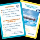 Fragekarten mit Quizfragen zu Strom und Mikrowellen. Eine zeigt ein Luftschiff am Himmel. Lösungen sind angegeben.