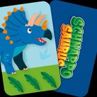 Text: "Schnappo Saurus". Illustration eines blauen Dinosauriers mit orangefarbenen Hörnern vor grünem Hintergrund.