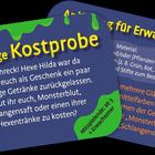 Text „Schaurige Kostprobe“ und „Anleitung für Erwachsene“. Farben: grün, gelb, orange. Illustration: Flasche.