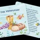 Text: "Das Vaterunser". Wasserfarbe-Illustration von Kelch, Brot, Fisch, Trauben und Blättern.
