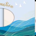 Zur Konfirmation. Von Herzen alles Gute. Illustration mit blauen und grünen Wellen und weißen Vögeln.