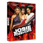 Text: "Josie and the Pussycats", "Rachael Leigh Cook", "Tara Reid", "Rosario Dawson". Drei Frauen vor rotem Hintergrund, Gitarre in Flammen.