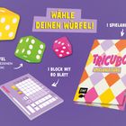 "WÄHLE DEINEN WÜRFEL!" in gelber Schrift, daneben drei bunte Würfel und eine Spielanleitung.
