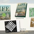 Die Texte nennen "Spielbox", "Spielanleitung", "52 Karten" und "Spielblock". Enthält Dinos und evolutionäre Motive.