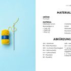Materialinformationen und Abkürzungen für Häkeln. Links gelbes Garnknäuel und Häkelnadel auf hellem Hintergrund.