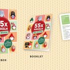 „55x HÄKELN Mini-Wichtel“ steht zweimal auf rotem Kreis. Verpackung, Booklet und Karten zeigen kleine gehäkelte Figuren.