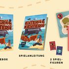 "Entern & Kentern" Box, Anleitung, 2 Spielfiguren, 58 Karten; Piratenthema mit Segelschiff, Illustrationen bunt und lebendig.