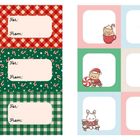Links stehen Texte: "Für:" und "Von:", rechts Weihnachtstiere und Geschenke.