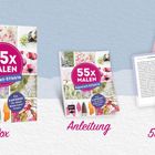 "55x MALEN Aquarell-Effekte" auf Box und Anleitung, 55 Karten, florale und künstlerische Designs.