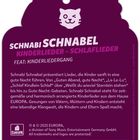 Text: „Schnabi Schnabel Kinderlieder – Schlaflieder feat: Kinderliedergang.“ 
Illustration: Katze zwinkert.