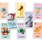Text auf Karten: Koala, Löwe und Maus, Gecko, Streithörnchen, Wolf, Pandas, Schildkröte, Kamel. Illustrationen von Tieren.