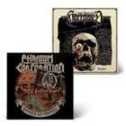 "PHANTOM CORPORATION" und "Banner of Hatred". "Harrowed" und "Death". Illustrationen: Totenkopf mit Spinnennetz; Flagge über Ruinen.