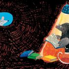 Eine Illustration: Ein Maulwurf liest auf einem Schaukelstuhl. Eine Maus schaut aus einem schwarzen Hintergrund hervor. Bücher liegen am Boden.