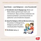 Text: „Zwei Kinder – zwei Religionen – eine Freundschaft.“ Illustration von zwei Kindern, die zusammen in Büchern blättern.
