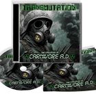 "TRANSMUTATION" und "THE EVOLUTION OF CARNIVORE A.D." Ein Mensch in Gasmaske vor qualmendem Hintergrund.