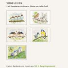 VÖGELCHEN 5 x 2 Klappkarten mit Kuverts. Illustrationen zeigen süße Vogelpaare auf Zweigen. Recyclingmaterial erwähnt.