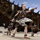 Eine dynamische 3D-Illustration zeigt kriegerische Figuren in Rüstungen mit Schädeln, umgeben von einer zerfallenen Struktur.