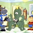 Drei cartoonhafte Tiere: ein Nilpferd, ein Oktopus und ein Affe, stehen in einem Raum mit Laborgeräten.