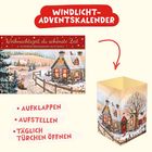 Windlicht-Adventskalender. Überschrift: "Weihnachtszeit, du schönste Zeit". Bild eines verschneiten Hauses im Winter.