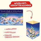 "WINDLICHT-ADVENTSKALENDER", "Wunder schafft die Weihnachtszeit", "Aufklappen", "Aufstellen", "Täglich Türchen öffnen". Illustration: Winterlandschaft mit Rehen und Lichtern.