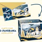 Text: "Karte zum 3D-Panorama aufklappen". Illustration von winterlicher Dorfszene mit Rentieren, Häusern und Schneelandschaft.