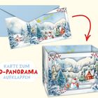 Text: "Karte zum 3D-Panorama aufklappen."  
Illustration einer Winterlandschaft mit Schnee, Häusern, Schneemann und Kindern.