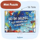 "SEI DU SELBST, ALLE ANDEREN GIBT ES SCHON!" 56-teiliges Mini-Puzzle. Buntes, abstraktes Design mit Herzen und Vögeln.