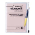 Aufschrift: "temporary storage.it weekly schedule", "self management plan-do-check | 2027", "open here". Zwei Stifte in Plastik.