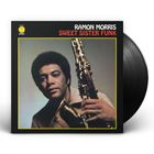 "RAMON MORRIS, SWEET SISTER FUNK" oben, Mann mit Saxophon, schwarzer Hintergrund mit gelbem Rand.