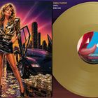 "ATLANTIC POWER" und "SINGLE SLEEVE VINYL ESMV1040" sind sichtbar. Illustration: Frau vor Autos, Geldscheine unter ihr.