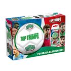 "Top Trumps", "Welt Fussball Stars", "FUSSBALL-GESCHENKSET". Verpackung mit Fußballthema und Spielkartenabbildungen.