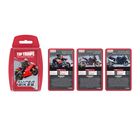 Logo „Top Trumps: Super Bikes“. Drei Spielkarten mit Motorrädern: Bimota KB8 Rimini, Honda CBR1000 Hornet, Suzuki GSX 1300R Hayabusa.