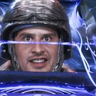 Ein Mann in einem futuristischen Fahrzeug, umgeben von leuchtenden, blauen und lila Strahlen und metallischen Oberflächen.