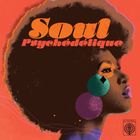 Texte: "Soul Psychédélique". Illustration einer Frau mit Afro und bunten geometrischen Formen im Gesicht auf orangefarbenem Hintergrund.