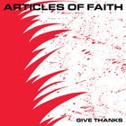 "ARTICLES OF FAITH" oben, "GIVE THANKS" unten. Rote, dynamische Muster auf weißem Hintergrund.