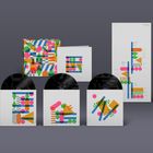 Texte: "Foundation 6xLP Set", "Parrish Blueprints", "365-277". Bunte geometrische Formen auf Schallplattenhüllen und einer Box.