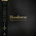 Texte: "Bloodborne Original Soundtrack Vol. I & II". Schwarzer Hintergrund mit goldener Schrift. Links Infotext und Logo.