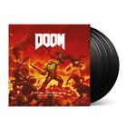 "DOOM", "Original Game Soundtrack", "Music by Mick Gordon". Illustration: Krieger kämpft gegen Dämonen in feuriger Landschaft.