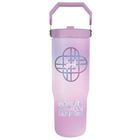 Text "KPOP DEMON HUNTERS". Flasche in sanftem Flieder mit geometrischem Muster und pastellfarbenem Griff.