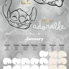 Eine Illustration mit den Worten "naughty but totally adorable". Es zeigt zwei skizzierte, verspielte Gesichter eines Charakters. Darunter ist ein Kalender für Januar.