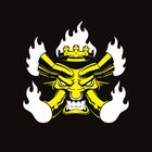 Illustration eines wütenden gelben Gesichtes mit Krone und Flammen auf schwarzem Hintergrund.