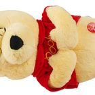 Ein Plüschbär mit einem roten Shirt, auf dem "pooh" steht. Auf der Pfote ein roter Knopf mit einem Druckzeichen.