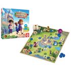 "Verflixt und Verzaubert" Spiel, ab 6 Jahre. Bunte Box und Spielbrett mit Figuren und einem Schloss in der Mitte.