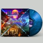 „Dragonland Prophecies“ in fantasievoller Schrift. Illustrationen: Drache, Stadt, Schiff bei Sturm. Blaue Schallplatte.