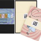 Text: "Welcome to wonderland", "7 greeting cards & envelopes", "no use going back to yesterday, because I was a different".
Illustration: Schmetterlinge und Figur eines Mädchens im blauen Kleid.