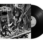 Text: "Bergtagen". Illustration: Ein Junge trifft auf einen großen Troll in einem Wald. Schallplatte im Hintergrund.