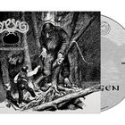 Text: "Bergtagen". Illustration eines großen Trolls im Wald, der einem kleineren Menschen gegenübersteht.